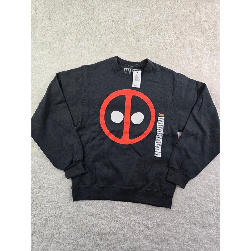 Marvel Deadpool Graphic Sweatshirt Mens Small Black Fleece Pullover New - Picture 2 of 9